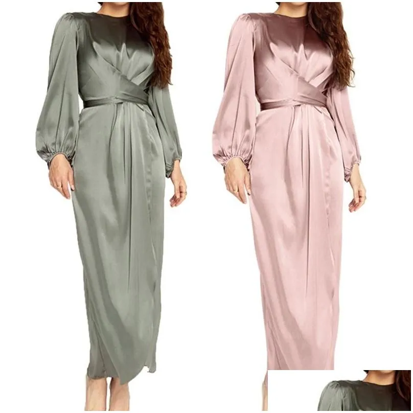 casual dresses women arab muslim satin puff long sleeve maxi dress solid color wrap front selftie abaya dubai turkey hijab robe kaftan