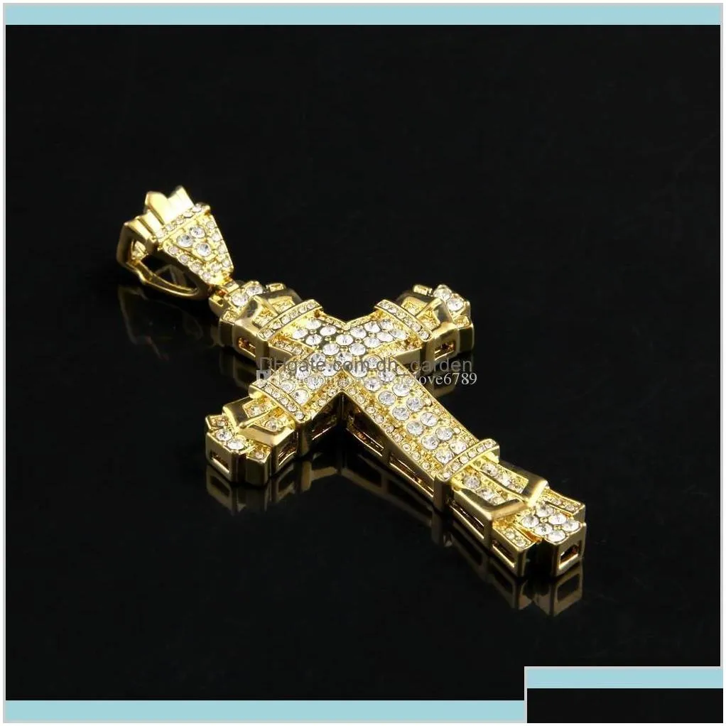 Retro Silver Cross Charm Full Ice Out Cz Simulated Diamonds Catholic Crucifix Necklace With Long Cuban Chain 4Ljdh Necklaces Xjl3J