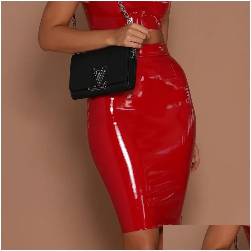 women sexy mini elegant bodycon latex skirt high waist pencil pu patent leather skirt black office short skirts female y200326