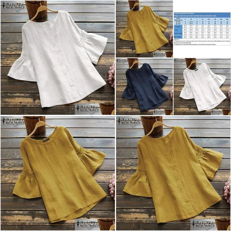 zanzea vintage ruffle sleeve tops summer womens blouse casual linen tunic female o neck blusas mujer shirt plus size s-5xl y200422