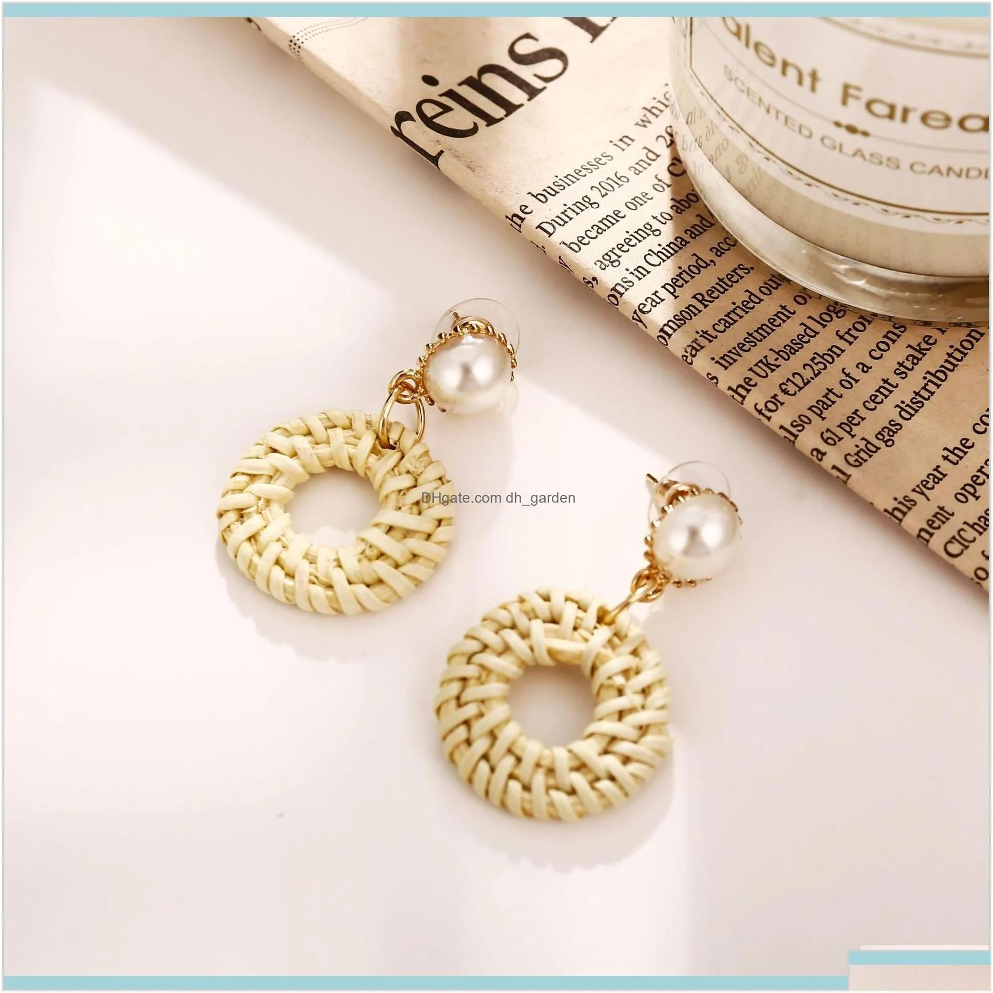 Unique Design Small Geometric Stud For Women Round Circle Wooden Imitation Pearls Creative Woven Beige Earring Czaoz Dangle Chandelier