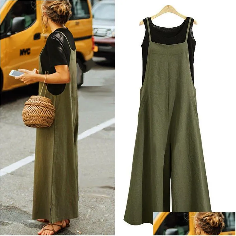 elegant fashion women cotton linen long wide leg romper strappy bib overalls casual loose solid simple jumpsuit trousers suit y200106