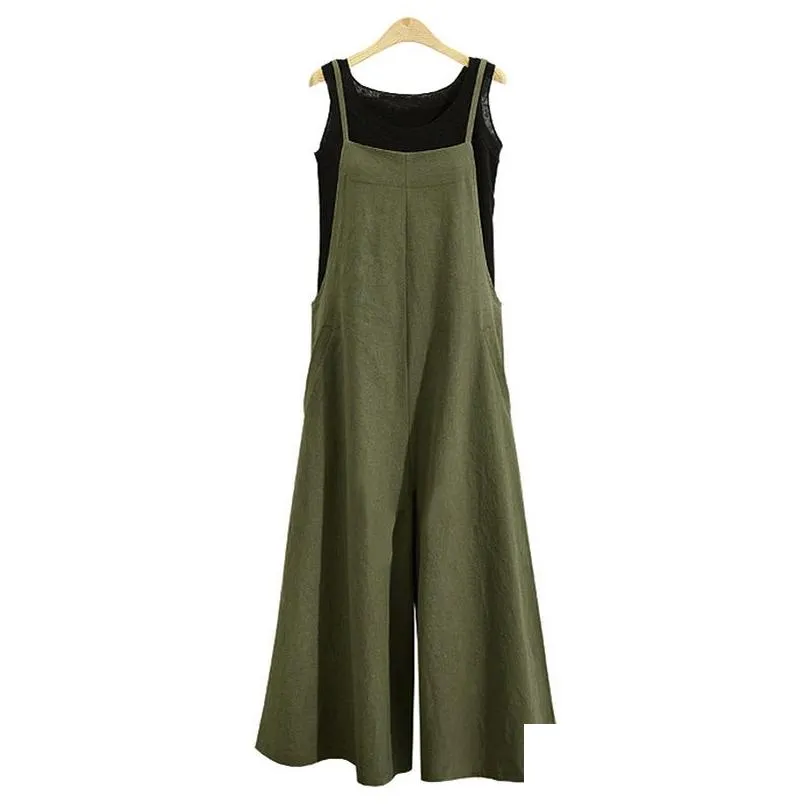 elegant fashion women cotton linen long wide leg romper strappy bib overalls casual loose solid simple jumpsuit trousers suit y200106