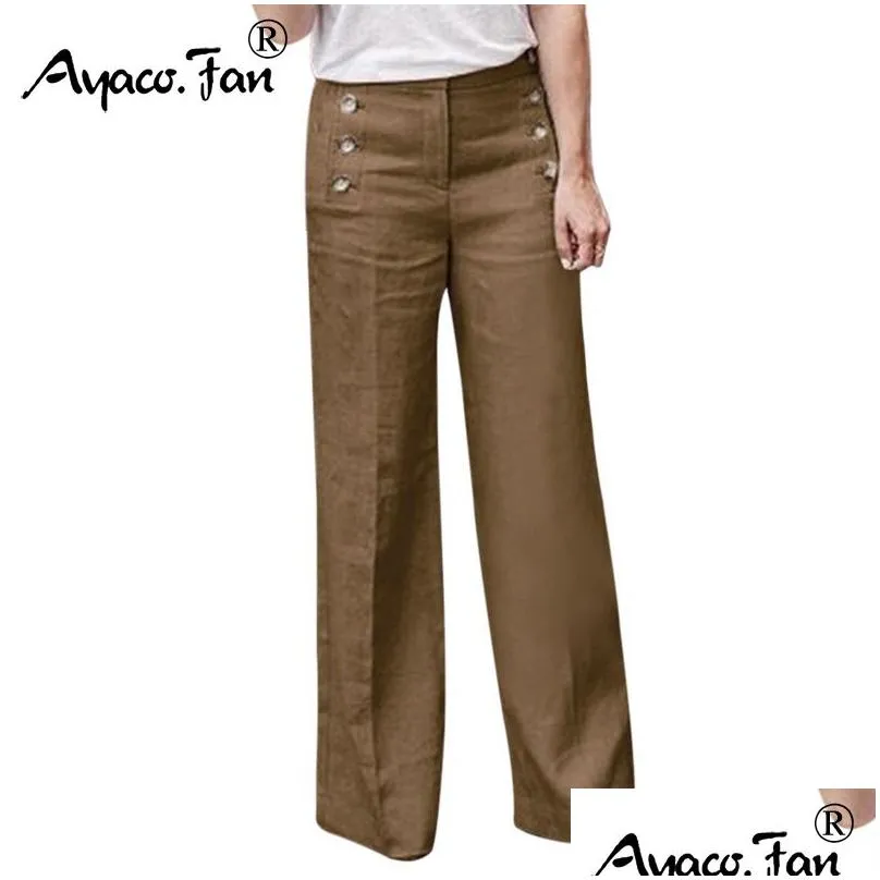 plus size 3xl summer cotton linen women wide legs pants solid casual high waist button trousers female loose pants y200114