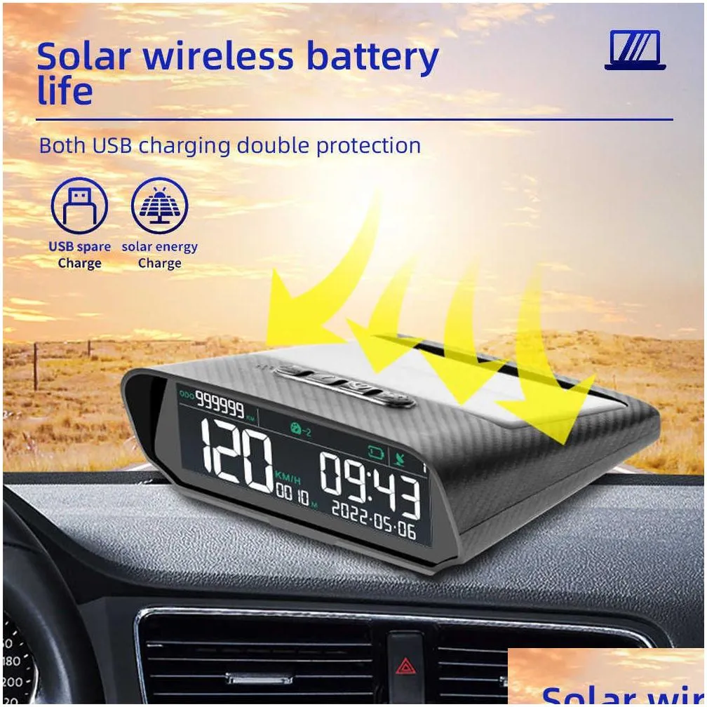 solar car hud gps head-up display digital clock speedometer over-speed alarm fatigue driving alert altitude mileage display