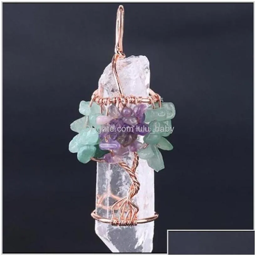 Big Gemstone Women Natural White Crystal Quartz 7 Chakra Tree Of Life Rose Gold Handmade Wire Wrapped Necklace Charms T3Knl Necklaces