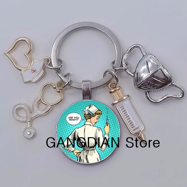 doctor keychain cartoon lady nurse medical tool key ring injection needle stethoscope nurse cap mask keychain gift diy jewelry