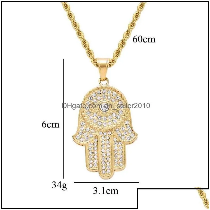 Pendant Necklaces Hip Hop Bling Jewelry Iced Out Cool Boy Mens Necklace Hamsa Hand Pendant Gold Sier Plated Cz Cubic Zirconia Hiphop