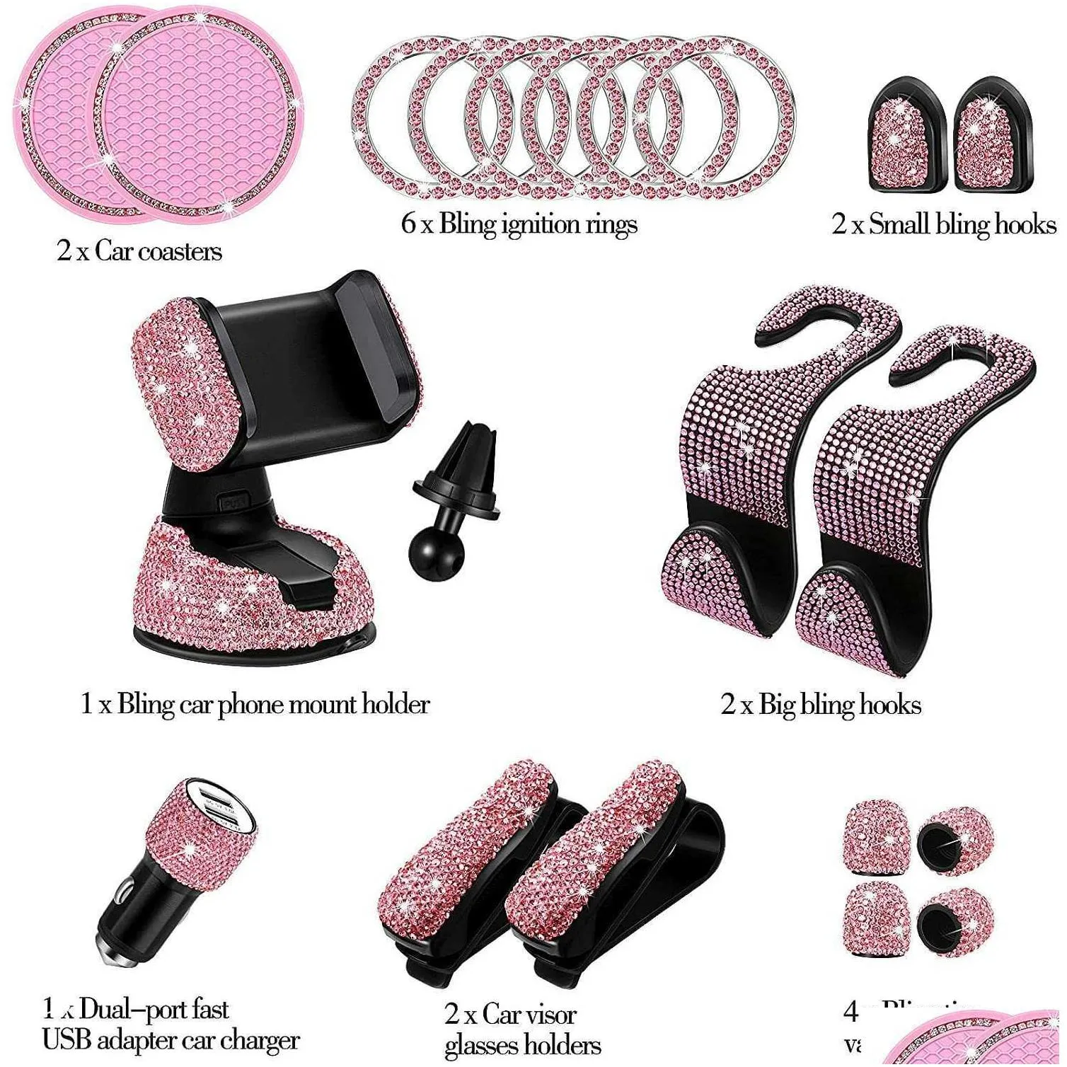 20pcs/set rhinestones car phone holder universal bling car accessories for women auto interior hooks sticker pad set pink