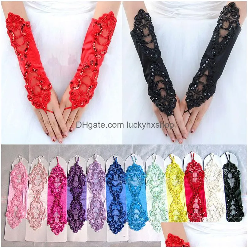 sequined lace women female short half fingerless satin seam beads gloves fashion sexy lady retro driving glove