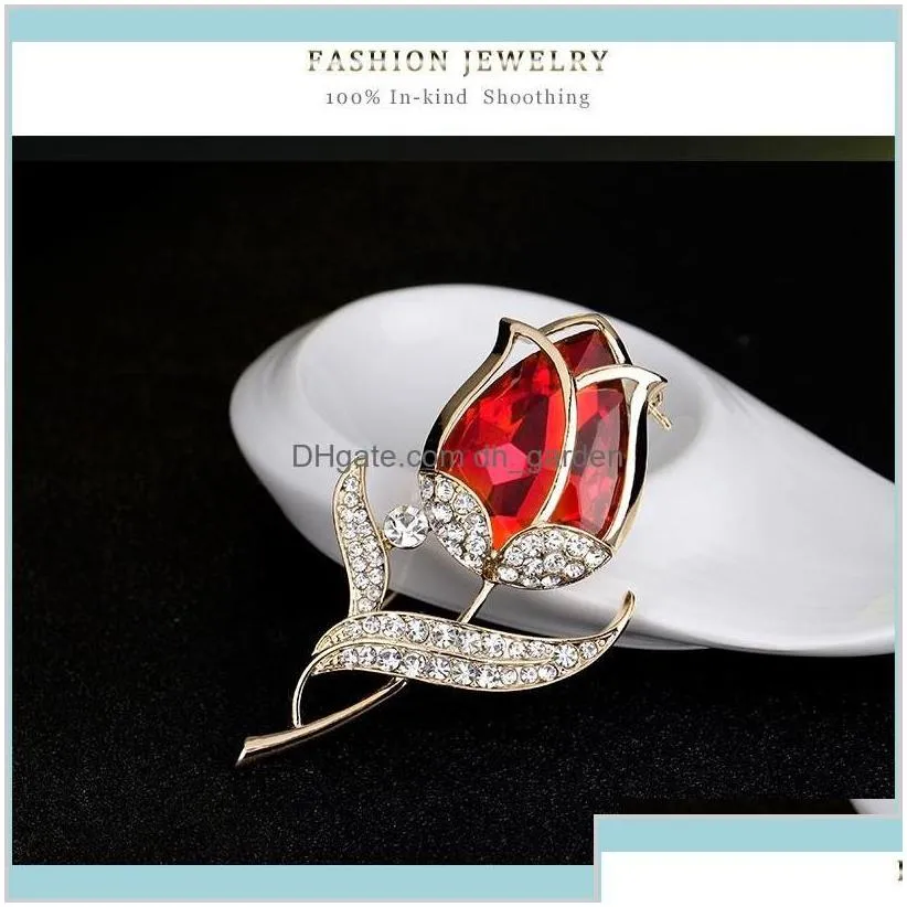 Crystal Tulip Brooch Pins Gold Diamond Flower Dress Business Suit For Women Fashion Jewelry Will And Sandy Zbr9E Qjmiy