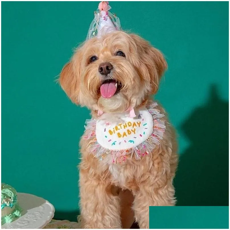 Dog Apparel INS Korea Party Bib Pet Birthday Saliva Towel Bichon Triangle Scarf Cat Hat Set
