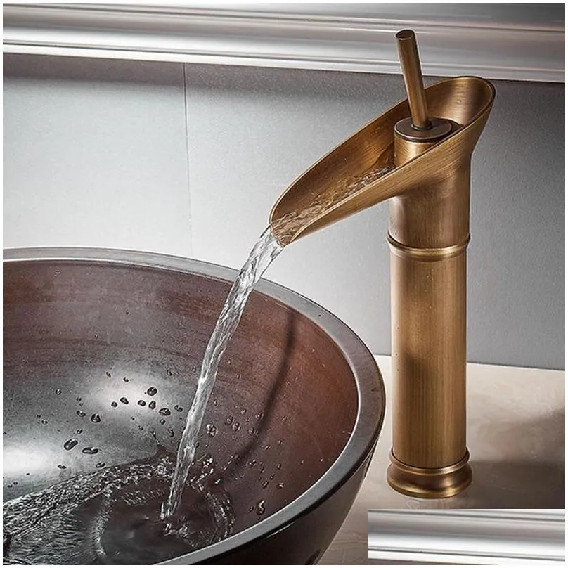 Bathroom Sink Faucets Antique Brass Open Spout Waterfall Basin Faucet Torneira Banheiro Wine Glass Single Handle Mixer Tap Vessel