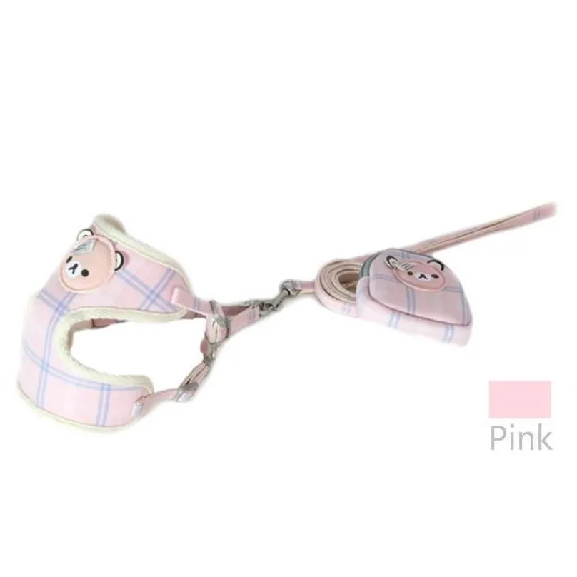 Dog Collars & Leashes Pet Supplies Harness Leash Set I-Shaped Plaid Cartoon Bear Polyester Breathable Mesh Chest Strap Snack Pack