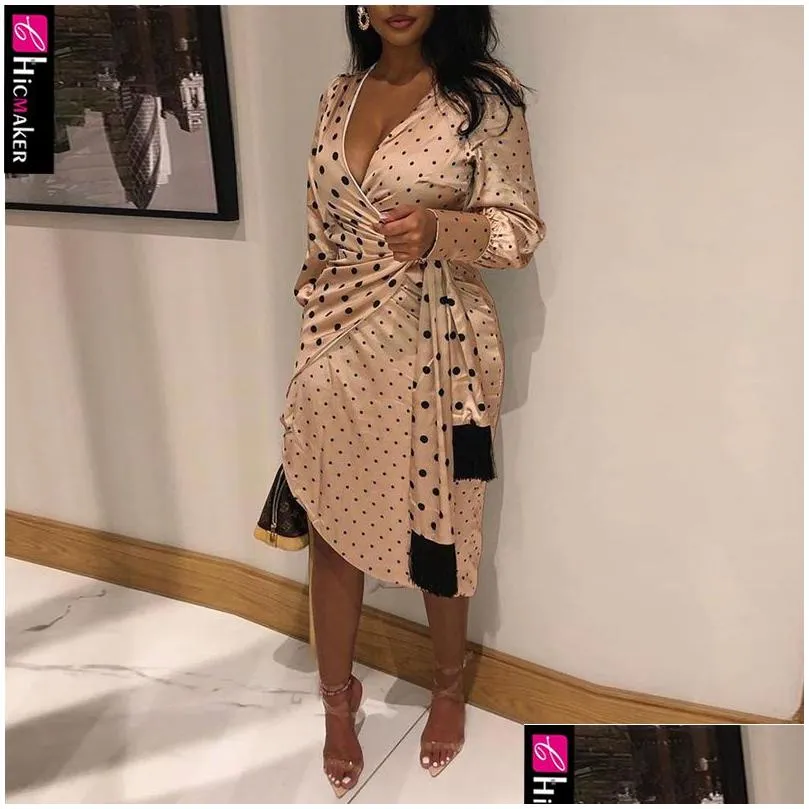 women polka dot spliced wrap dress vneck long sleeve spring fall elegant bodycon party dress y200418