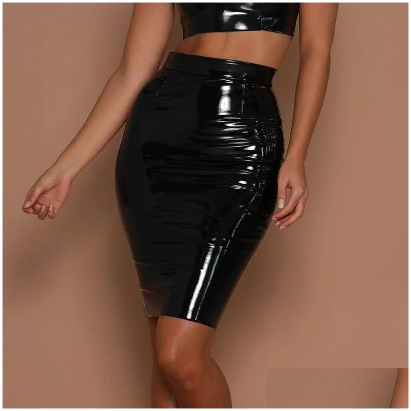 women sexy mini elegant bodycon latex skirt high waist pencil pu patent leather skirt black office short skirts female y200326