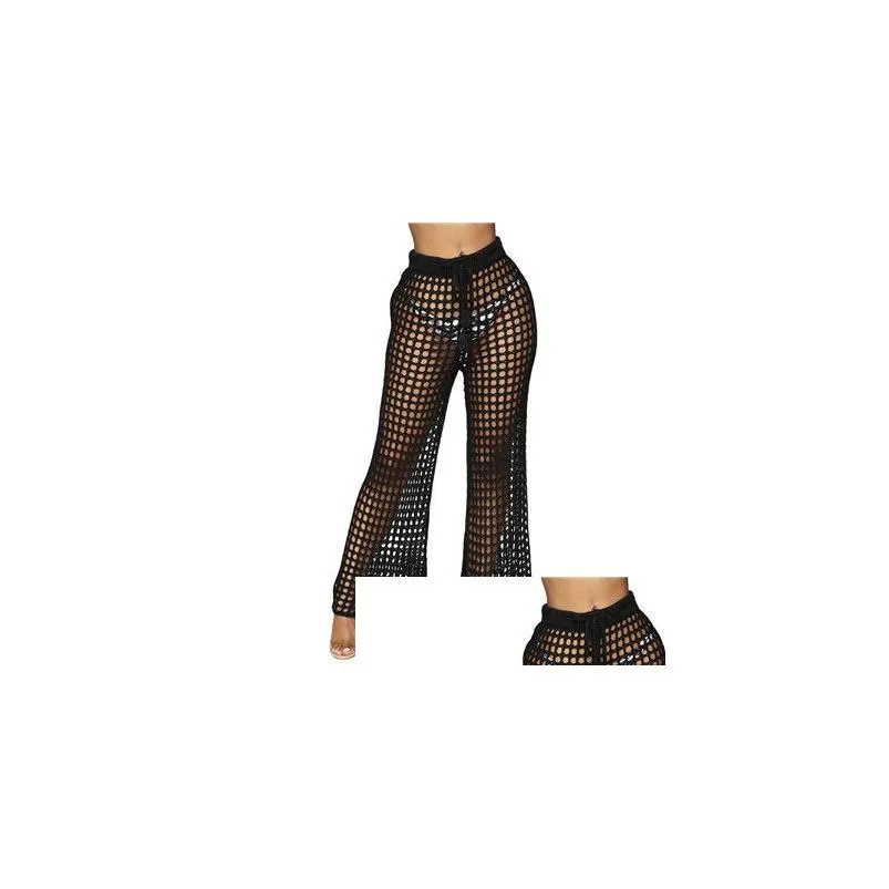 adogirl women beach flare pants solid knitted hollow out fishnet wide leg pants high waist lace up sashes night club trousers y200418