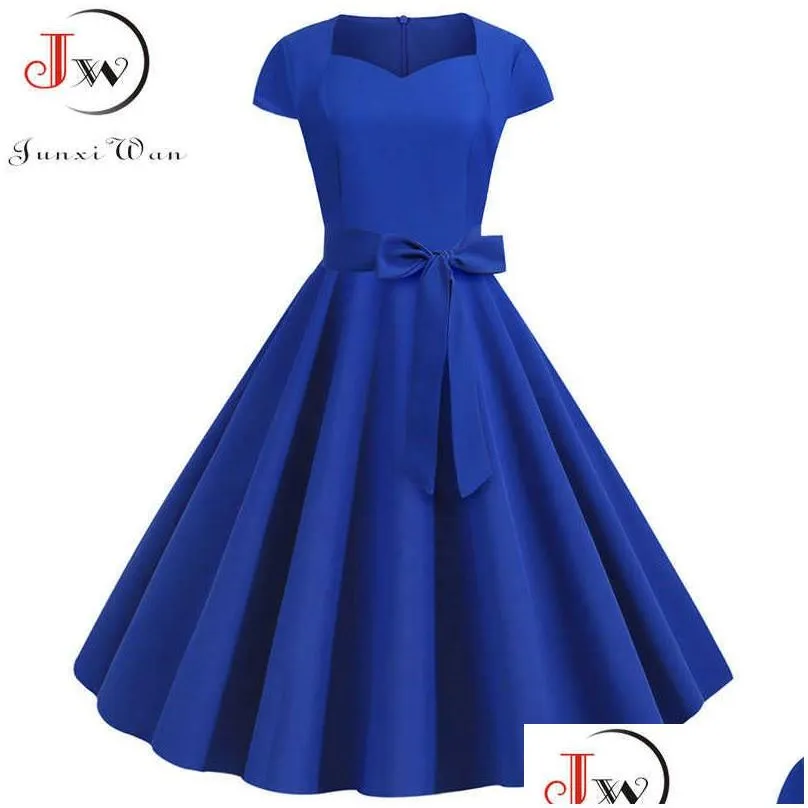 summer solid yellow color 50s 60s vintage dres short sleeve square collar elegant office party midi dresses belt 210701