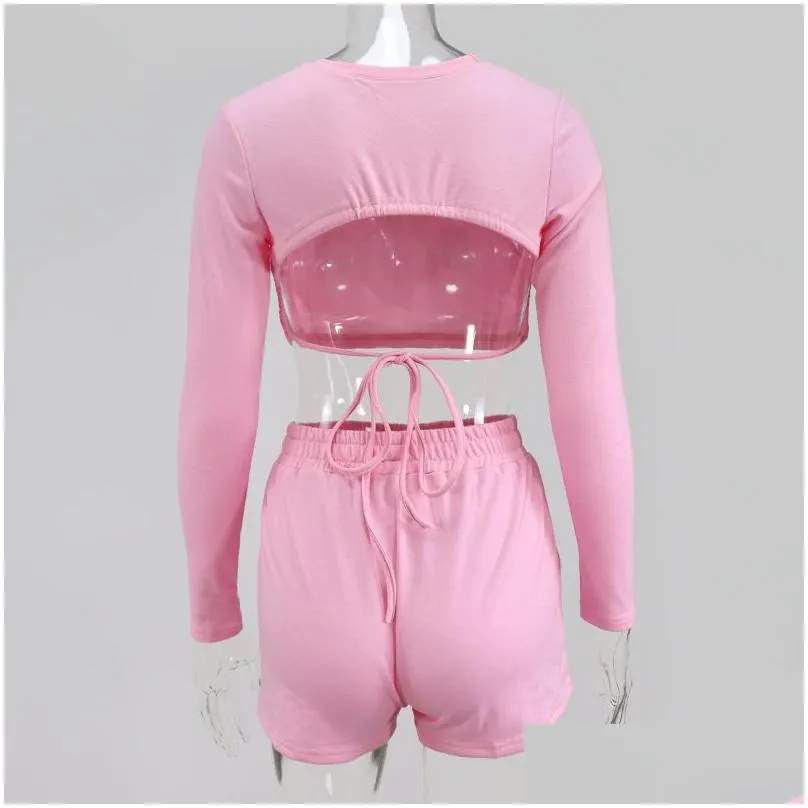  asia pink activewear two piece set women sexy backless long sleeve crop top shorts tracksuit womens summer loungewear set y201128