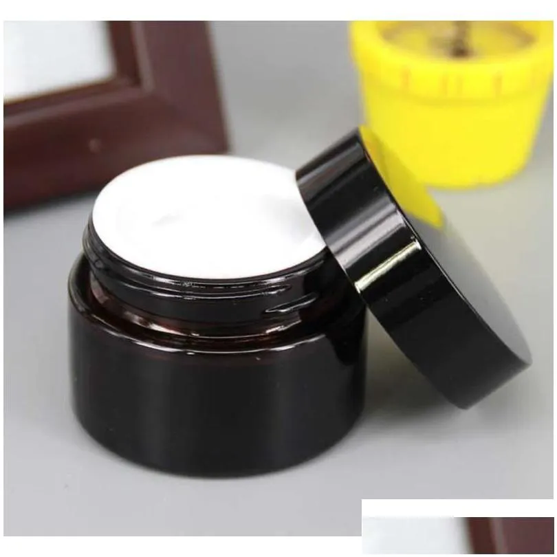 wholesale brown amber glass cream jar black lid 20 30 50 g cosmetic packaging sample eye hufv4