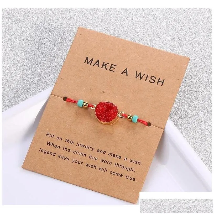 handmade druzy resin stone bracelet make a wish card wax rope braided bracelets bangles with rice bead for women girls summer beach