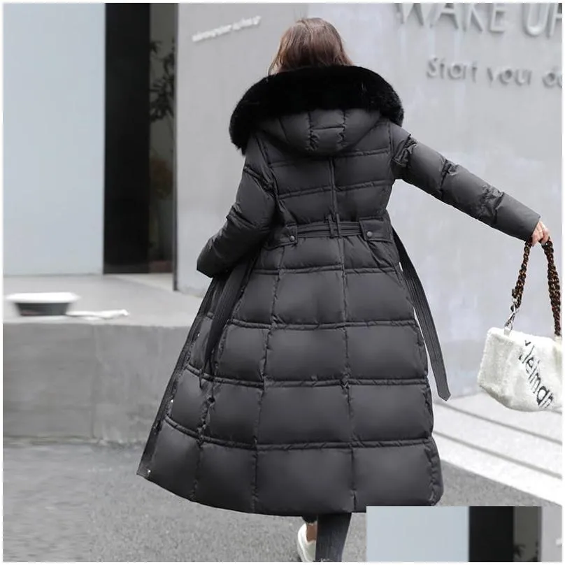 womens trench coats women winter hooded faux fur collar big pocket x-long belted coat moms puffer jacket cotton padded parkas
