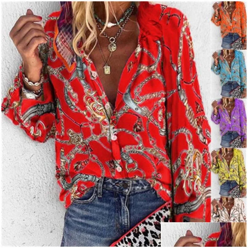 6 colors chiffon office women ladies blouse chain print shirts button long sleeve spring summer tops v neck blusas plus size y200828