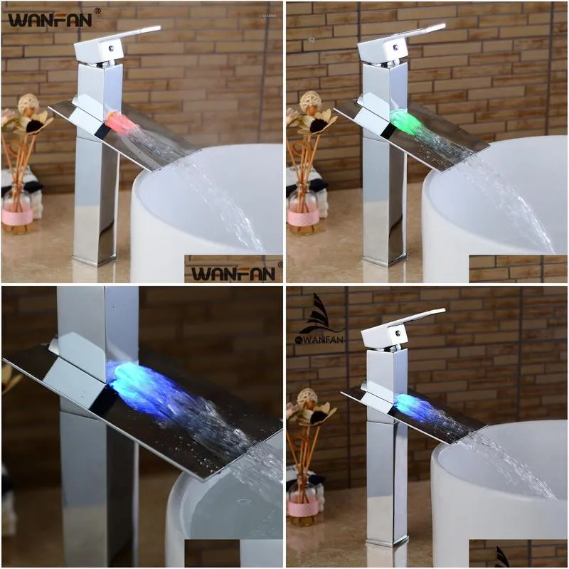 Bathroom Sink Faucets LED Basin Waterfall Faucet Chrome Finish 3 Colors Changing Light Mixer Water Tap WF-S79-310