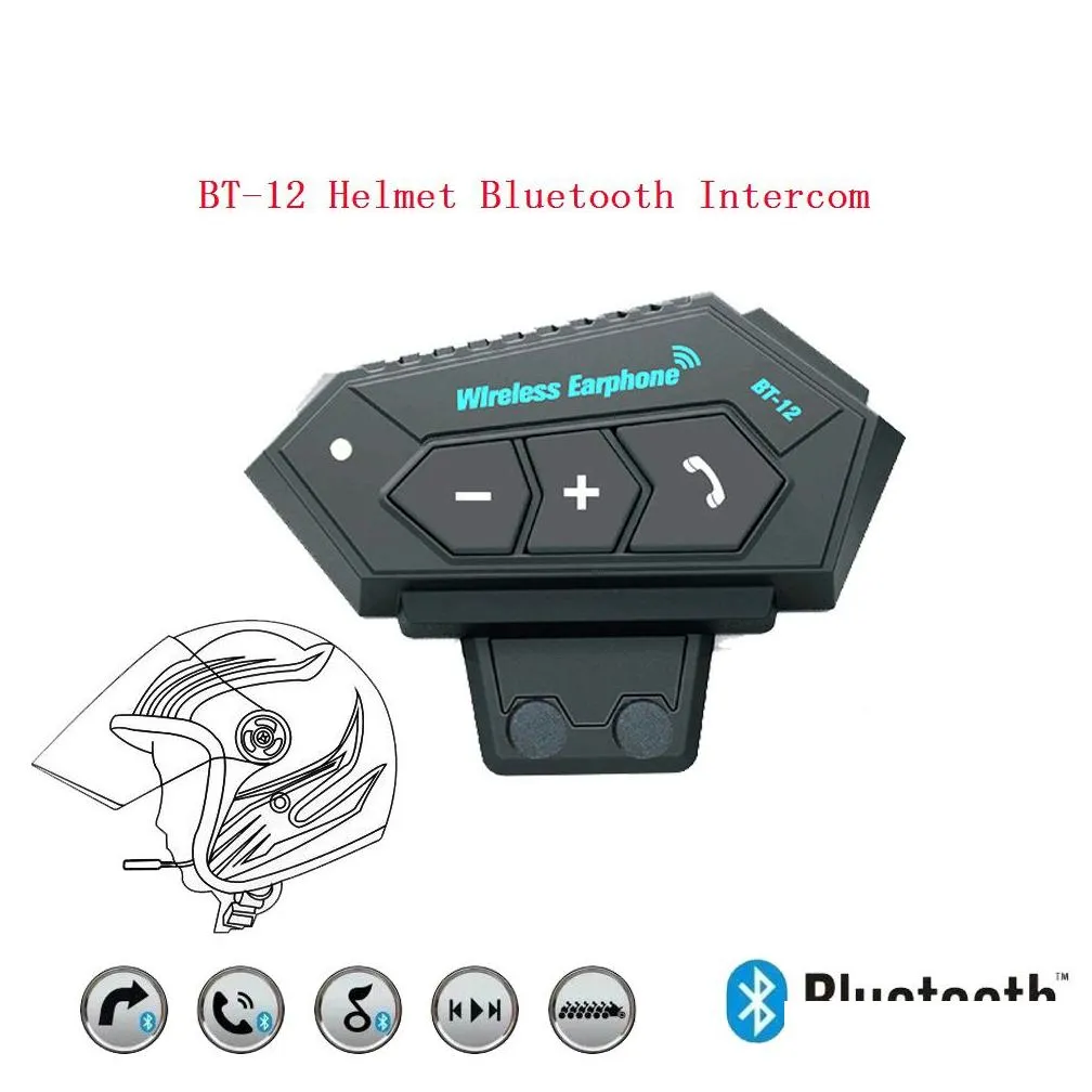 bt-12 12s motorcycle helmet intercom wireless bluetooth 5.0 headphone hands headset stereo music anti-interference waterproof