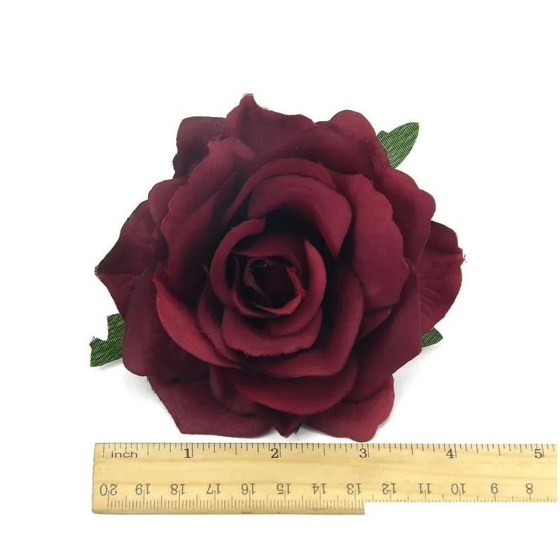 wholesale 10cm large artificial burgandy rose silk flower heads for wedding decoration diy wreath gift box scrapbooking craft fake