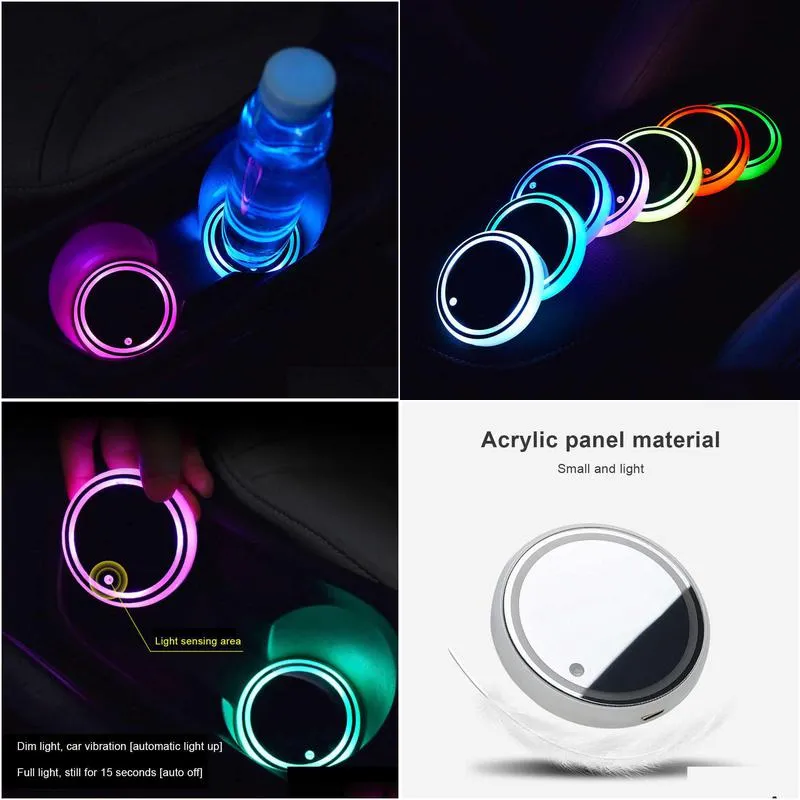 1pc usb charging car led cup holder water bottom mat rgb light decor cover luminous trim lamp ornament coaster accessories