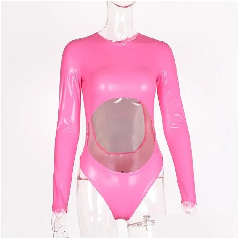 boofeenaa sexy pink pu leather long sleeve bodysuit women hollow out backless bodysuits festival party clubwear c85-aa82 y200401