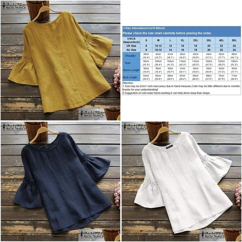 zanzea vintage ruffle sleeve tops summer womens blouse casual linen tunic female o neck blusas mujer shirt plus size s-5xl y200422