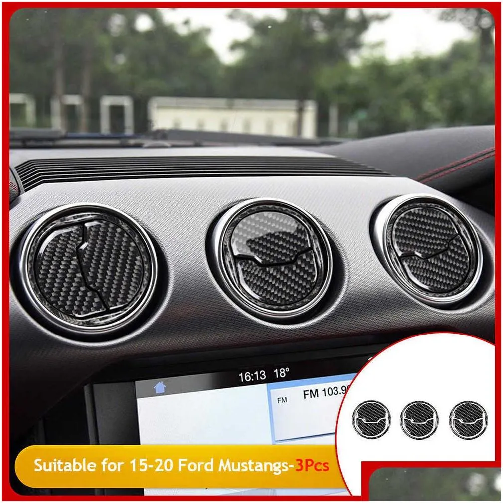  3pcs real carbon fiber interior trim sticker for ford mustang 2015-2020 air outlet dashboard vent cover car interior accessories