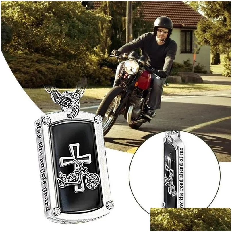 bikers blessing engraved pendant necklace steel prayer cross gift for motorcycle riders car interior hanging ornaments decorations