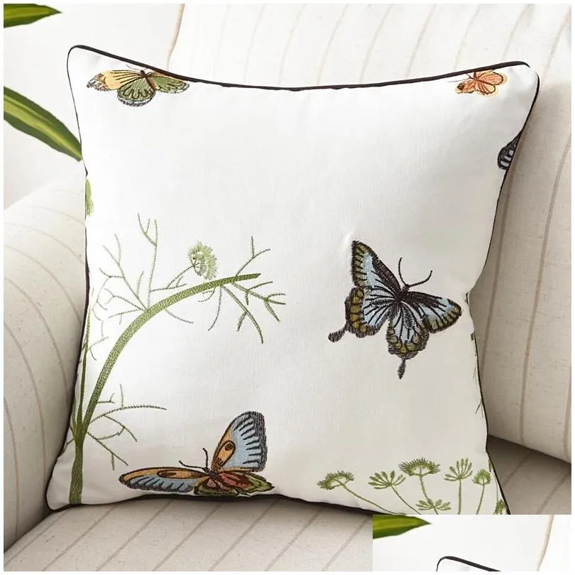 Cushion/Decorative Pillow Pastoral Embroidered Cushion Cover 45x45cm Peacock Butterfly White Decorative Pillows Boho Cotton Canvas Case