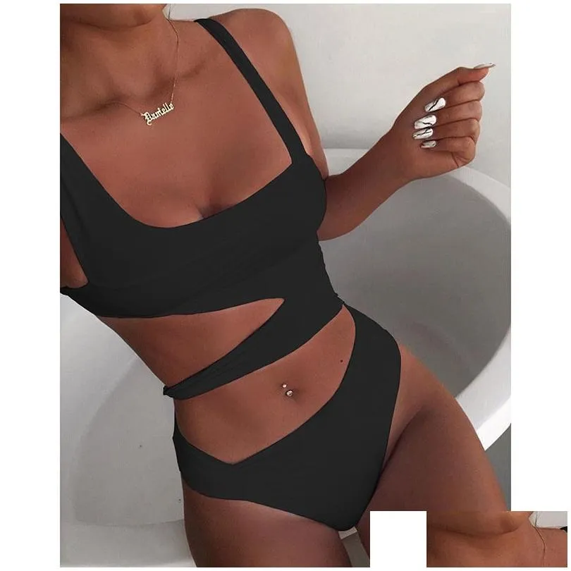 one piece sexy black white solid swimwear women swimsuit push up bathing suit beach wear monokini y200319