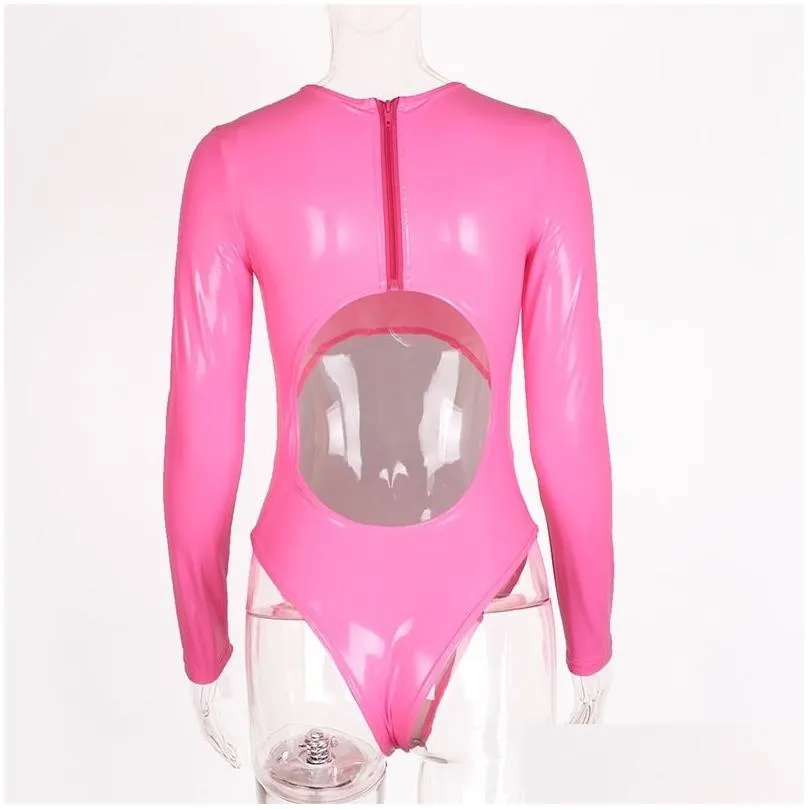 boofeenaa sexy pink pu leather long sleeve bodysuit women hollow out backless bodysuits festival party clubwear c85-aa82 y200401