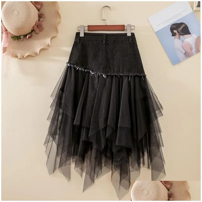 summer denim saia jeans skirt women irregular high waisted meshwork long pleated mid-calf tulle skirts tutu high street y200326