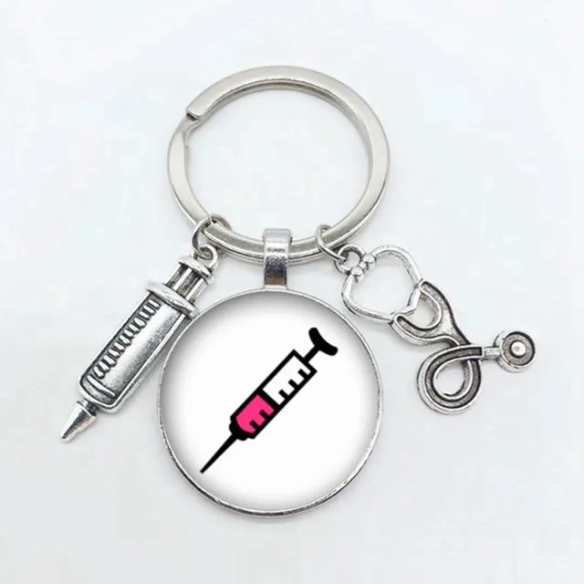 creative doctor injection stethoscope picture keychain round dome pendant men and women fashion stethoscope syringe alloy key ri key chains