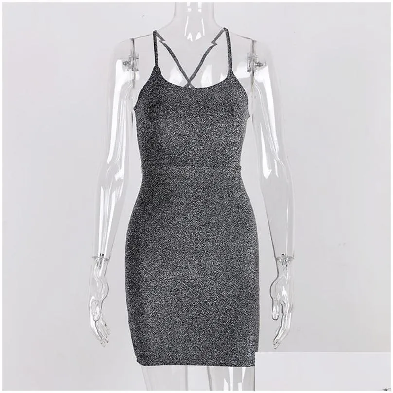 forefair mini party dress glitter sexy bodycon spaghetti strap backless off shoulder short sparkle clubwear summer dress women y200101