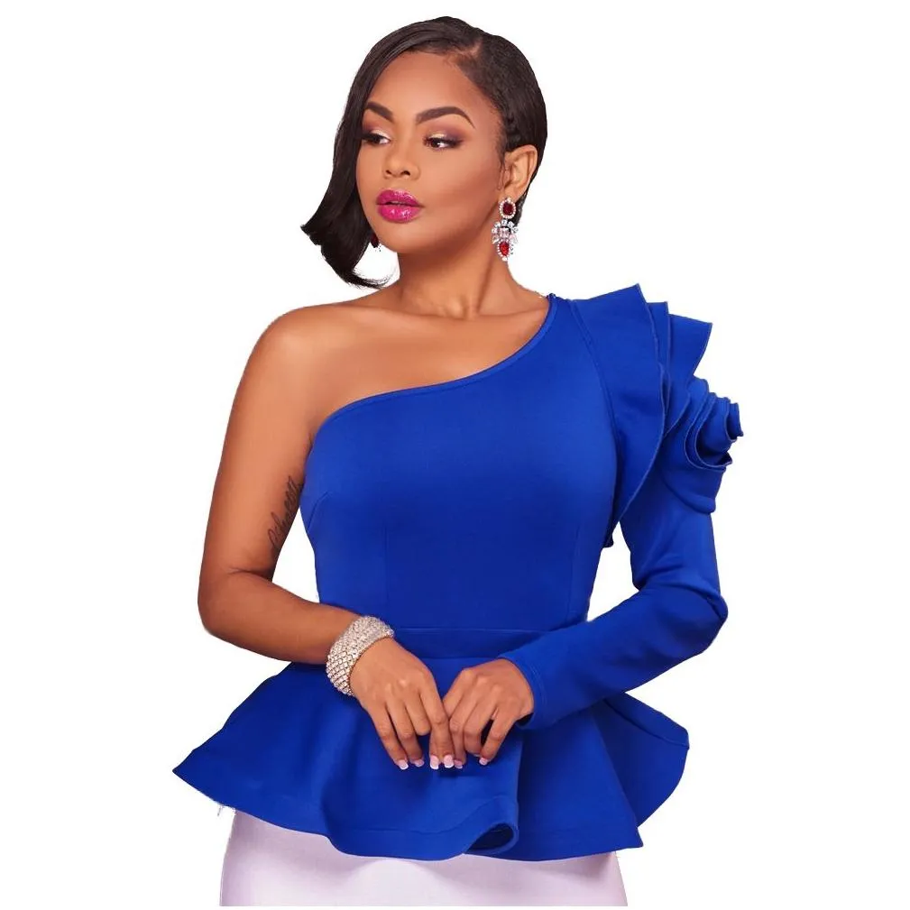 ruffles one shoulder fashion blouse shirts 2017 autumn elegant black blue long sleeve peplum blouses slim blusas sexy women tops