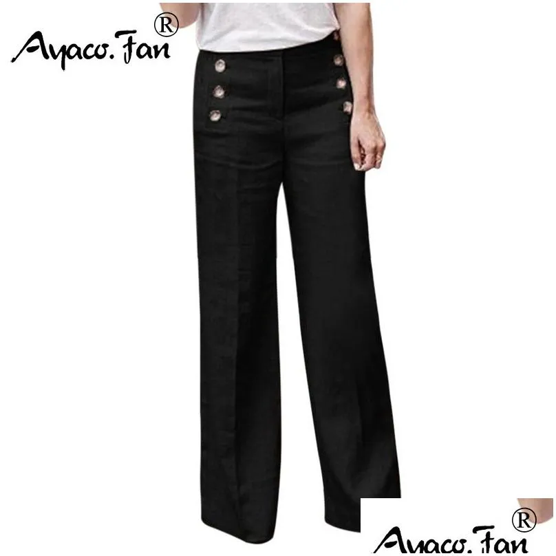 plus size 3xl summer cotton linen women wide legs pants solid casual high waist button trousers female loose pants y200114