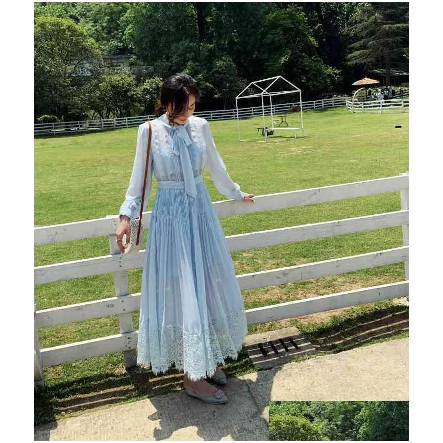 summer self portrait dress women long sleeve lacework maxi vintage bow party dinner pleated robes 210513