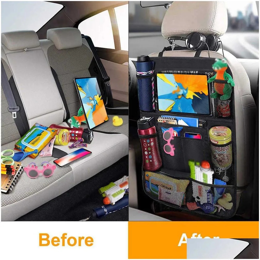car backseat organizer with touch screen tablet holder + 9 storage pockets kick mats car seat back protectors for kids toddlers