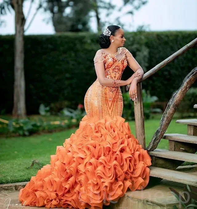 2023 Aso Ebi Orange Mermaid Prom Dress Beaded Crystals Evening Formal Party Second Reception Birthday Engagement Gowns Dresses Robe De Soiree