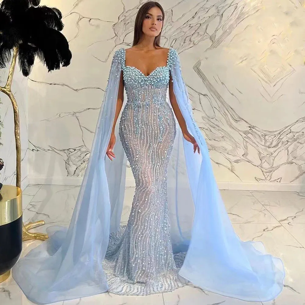 Gorgeous Mermaid Prom Dresses Square Pearls Shining Appliques Tulle Court Gown Backless Zipper Custom Made Plus Size Party Dress Vestido De Noite