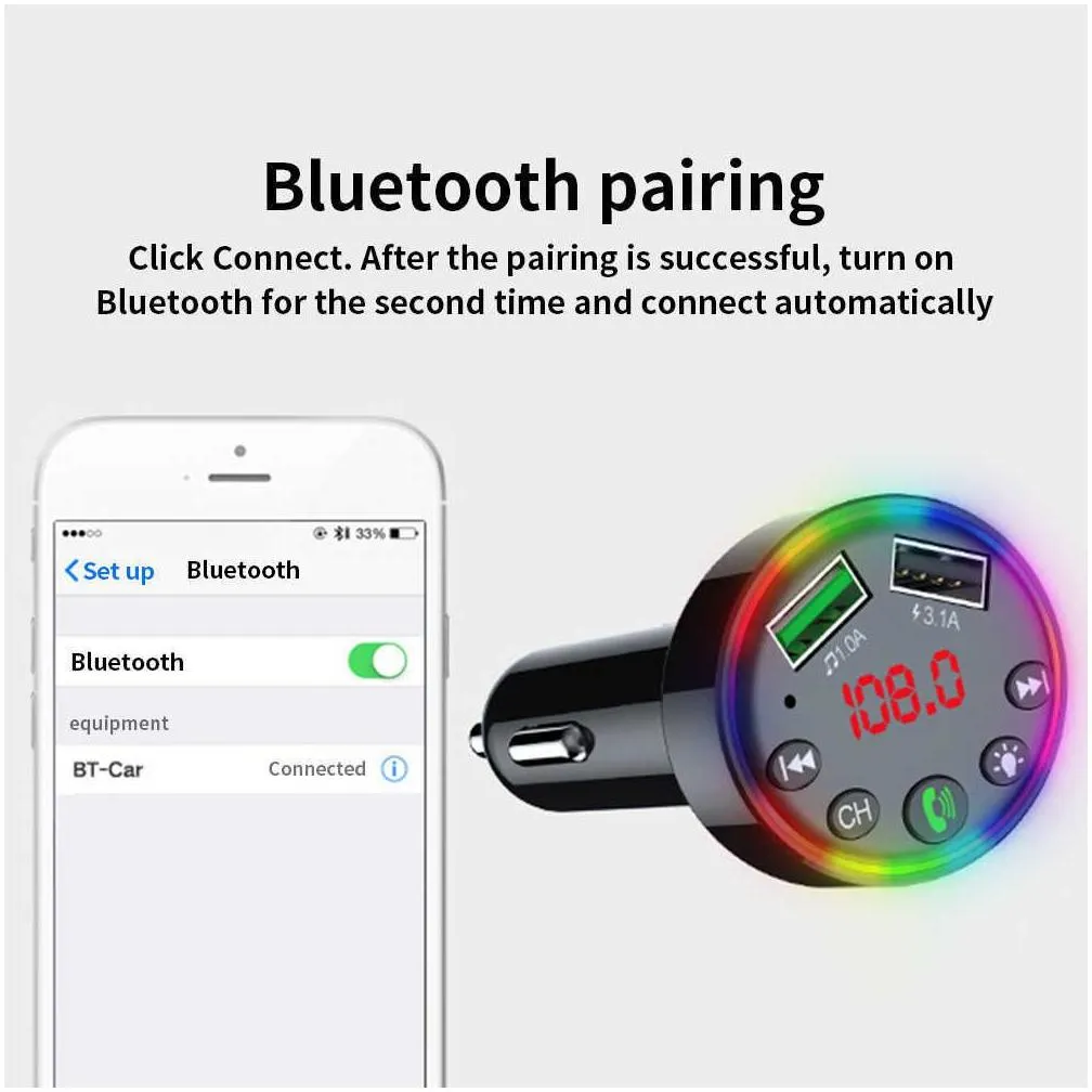 car bluetooth fm transmitter 7 colors led backlit car radio mp3 music player atmosphere light audio receiver usb 