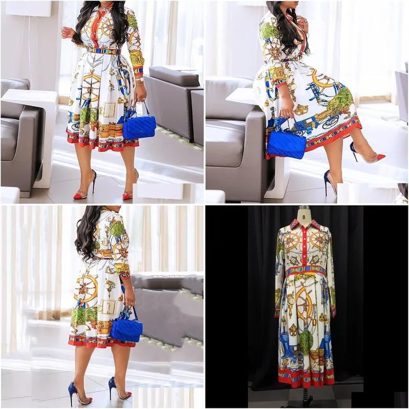 fall autumn 2019 lapel mid-calf high waist dress big plus size geometric printed elegant office ladies tunic pleated midi dress