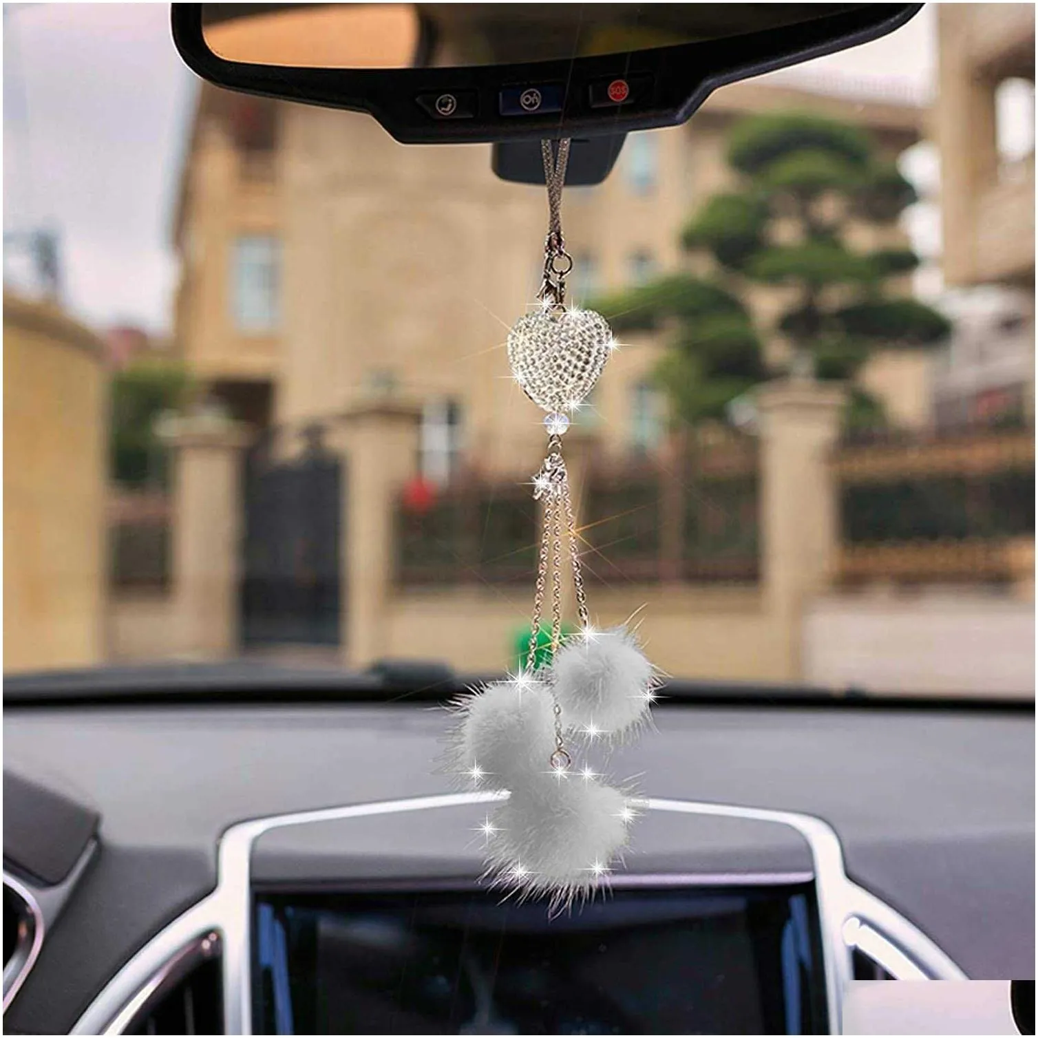 bling car mirror accessories for women bling love heart and pink plush ball bling rinestones crystal diamond car accessories